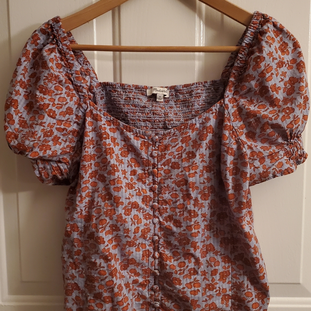 Madewell Lavender Puff Sleeve Floral Blouse with Rust Flowers